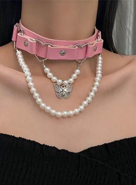芭比粉色皮革珍珠项链女款高级感女仆锁骨链甜酷辣妹风颈链项圈in