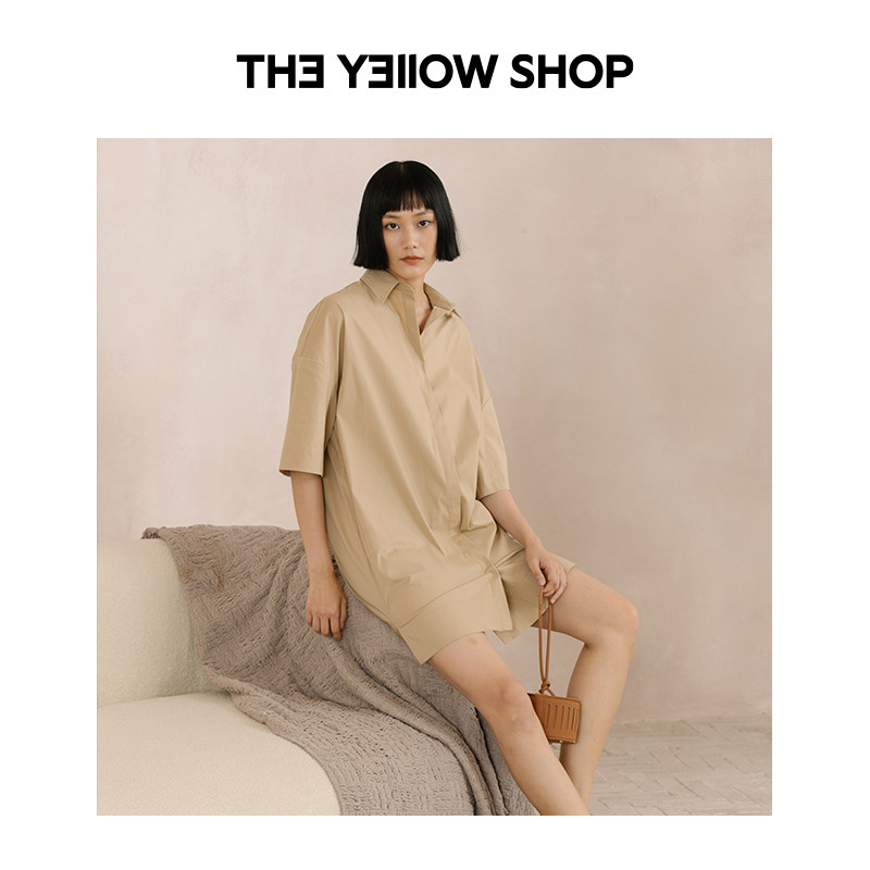 TheYellowShop五分袖茧形宽松通勤纯色衬衫裙夏连衣裙女