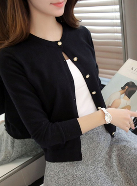 不起球针织开衫女小款外搭穿毛线短款空调上衣春秋季黑色毛衫外套