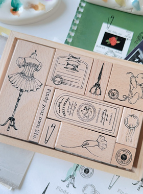 两只浣熊｜真理理《缝纫套组》木制手帐印章图章轻复古衣服小熊