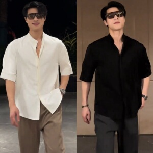 夏季立领半袖纯色设计高级感百搭宽松衬衣男立体裁剪薄款短袖衬衫