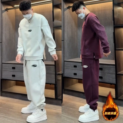 秋冬加绒加厚运动休闲潮牌套装男