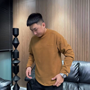 秋冬新款纯色刺绣半高领卫衣男时尚百搭双面绒保暖中领打底上衣男