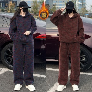 潮牌连帽卫衣两件套情侣款 男时尚 休闲慵懒风加绒保暖运动套装 冬季