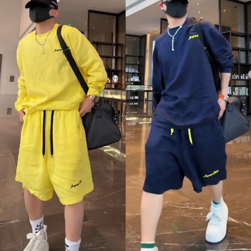 夏季潮牌轻薄慵懒风垂感休闲防晒上衣时尚宽松百搭短裤休闲套装男