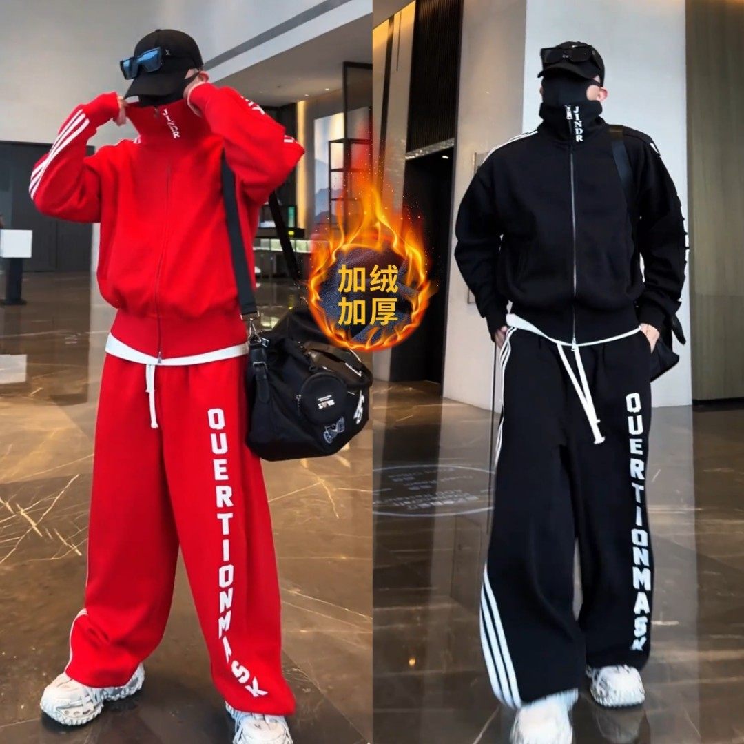 金先生冬季织带加绒印花字母开衫可收口锥形弯刀裤运动休闲套装男