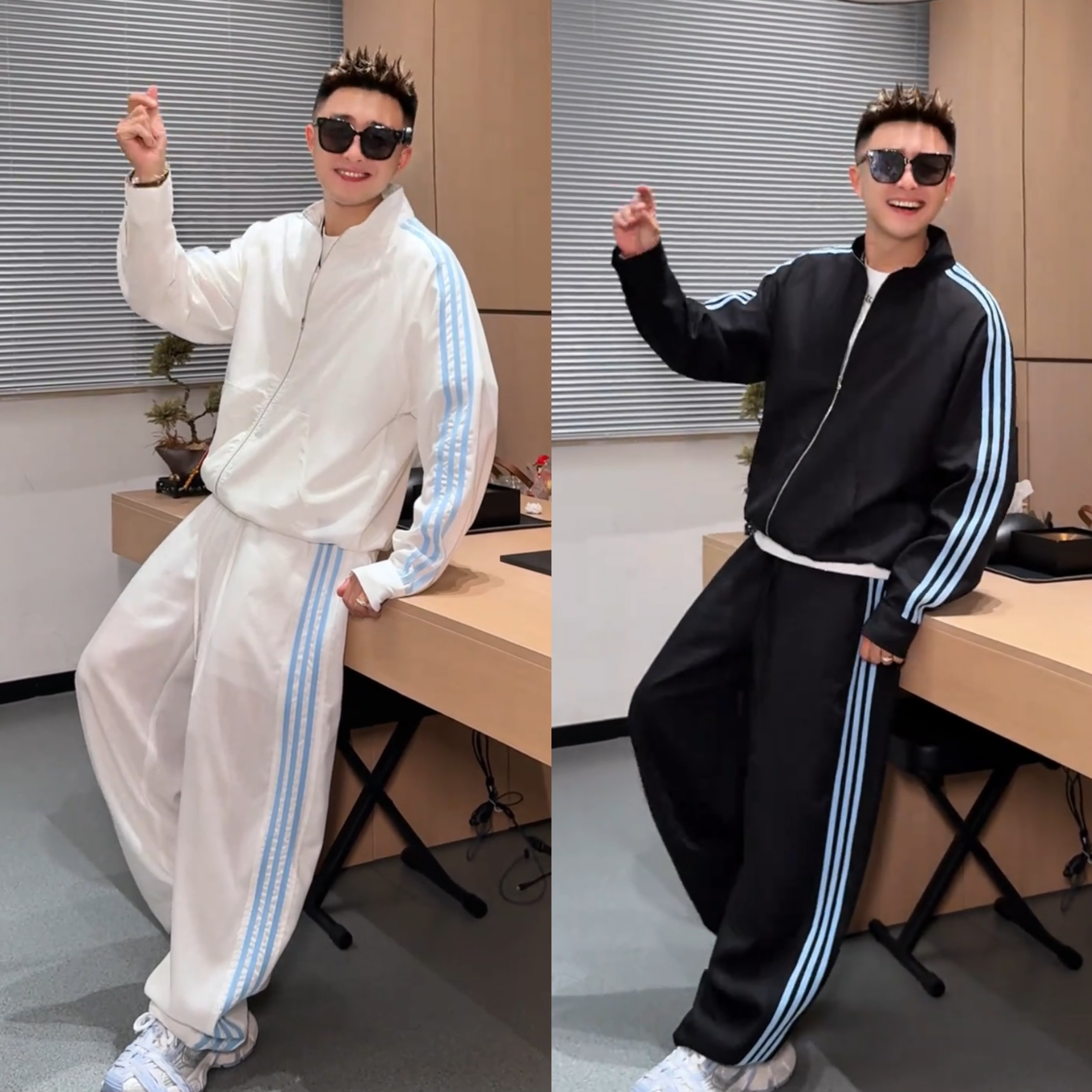 春夏新款三条杠轻薄透气运动休闲套装男宽松立领外套阔腿裤两件套