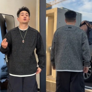 秋冬新款磨毛加厚假两件打底圆领卫衣男时尚百搭立体剪裁休闲上衣