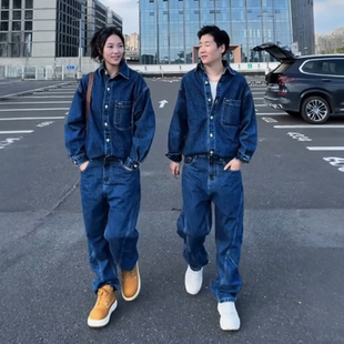 美式复古重磅水洗牛仔衬衫休闲弯刀牛仔裤两件套套装男女同款套装