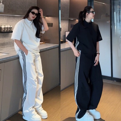 夏季男士潮流侧条纹运动休闲套装