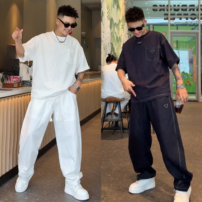 夏季三角標圓領上衣長褲兩件套