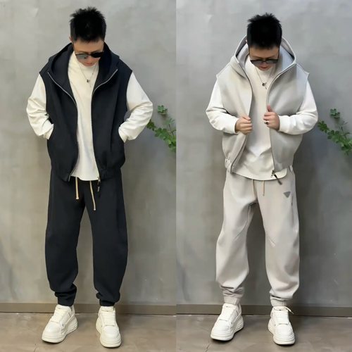 秋季新款潮牌马甲长裤休闲套装男连帽开衫马甲束脚弯刀卫裤直筒裤