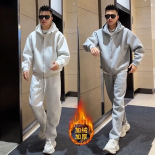 两件套 男简约宽松连帽外套直筒卫裤 秋冬净版 加绒加厚休闲运动套装