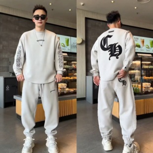 冬季潮牌运动休闲加绒套装男士潮流字母刺绣卫衣束脚休闲裤两件套