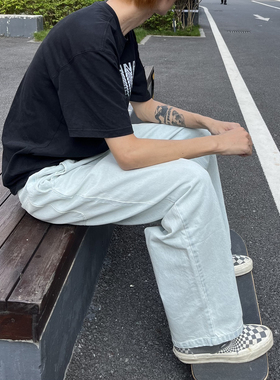 滑板水洗白蓝牛仔裤 宽松 日系复古 机车 情侣 BMX 嘻哈街舞