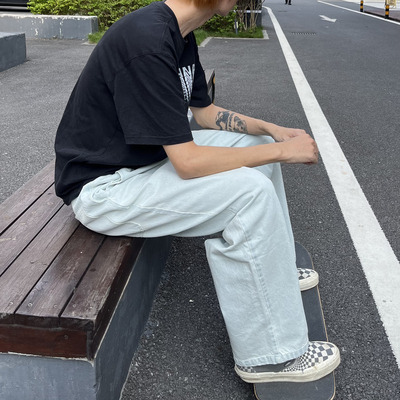 滑板水洗白蓝牛仔裤 宽松 日系复古 机车 情侣 BMX 嘻哈街舞