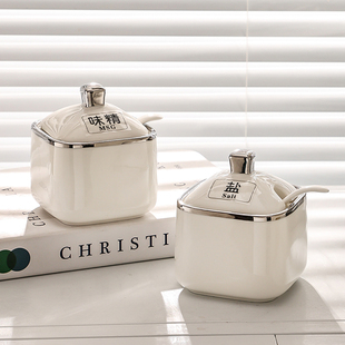 轻奢银调味罐带盖勺单个陶瓷盐罐辣椒油罐胡椒粉罐味精糖调料罐子