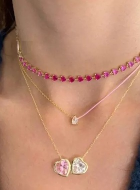 出口余INS小众轻奢水滴桃心爱心锆石粉色渐变项链