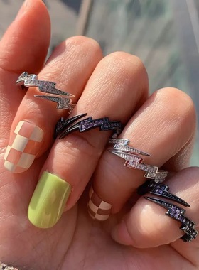 复古简约高级感出口余可调节指环闪电个性银色嘻哈开口戒指