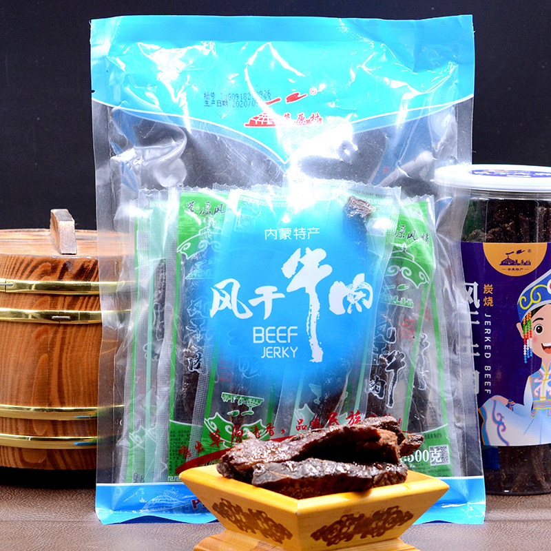 草原村炭烤牛肉干内蒙古通辽特产手撕牛肉干长条特产休闲零食500g