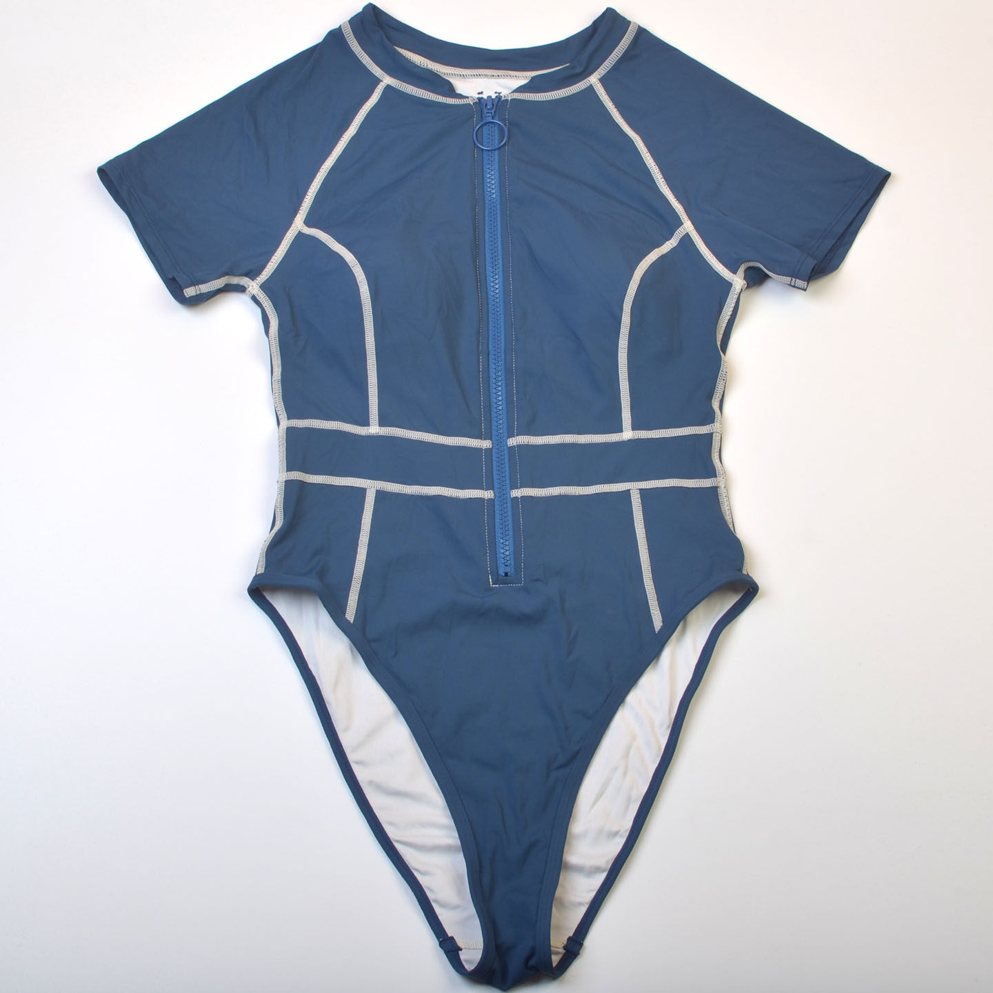 英国N**T品牌游泳运动蓝色短袖前拉链连体泳衣保守显瘦女泳装
