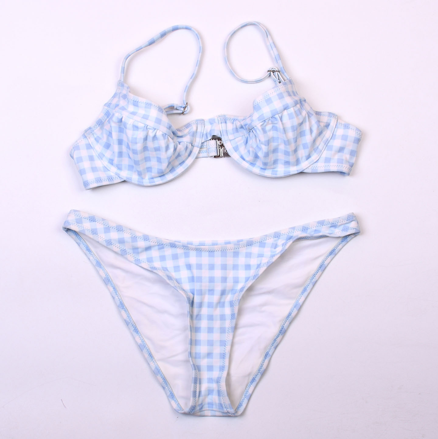 澳洲品牌MIN**格纹小清新低腰系带比基尼bikini海边度假分体泳衣
