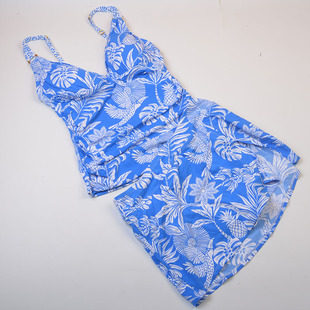 新款美国设计师品牌BL**保守遮肚子条纹印花分体泳衣bikini泳衣女