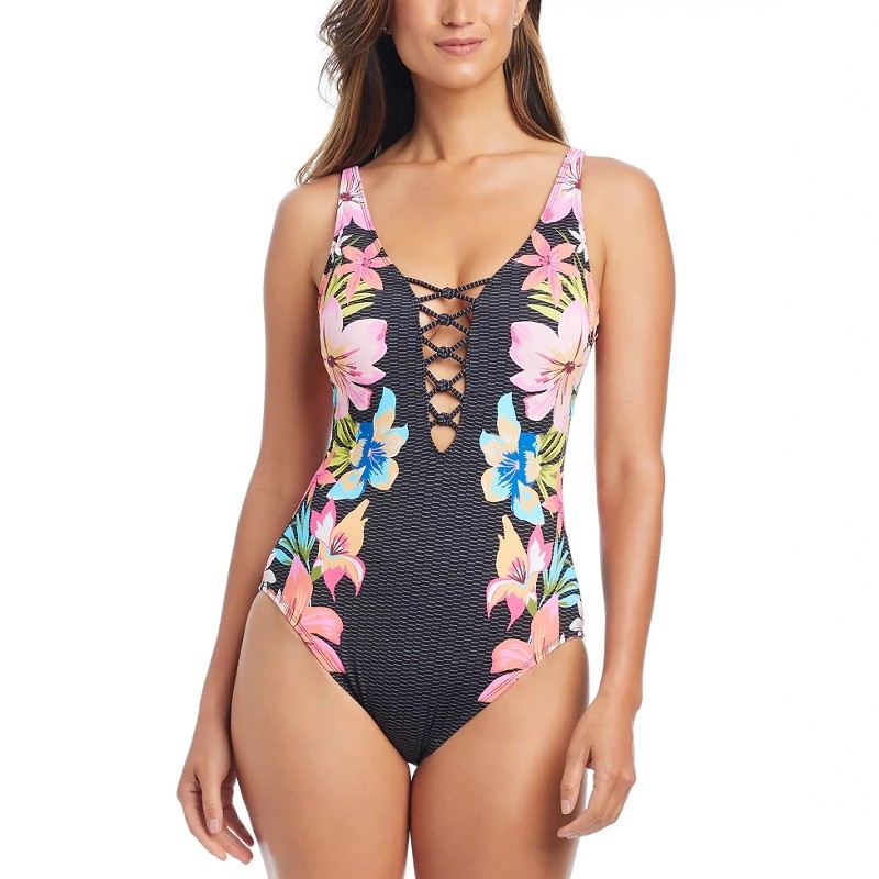 新款设计师品牌BLEU时尚印花显瘦大码连体泳衣度假高档外贸泳装女