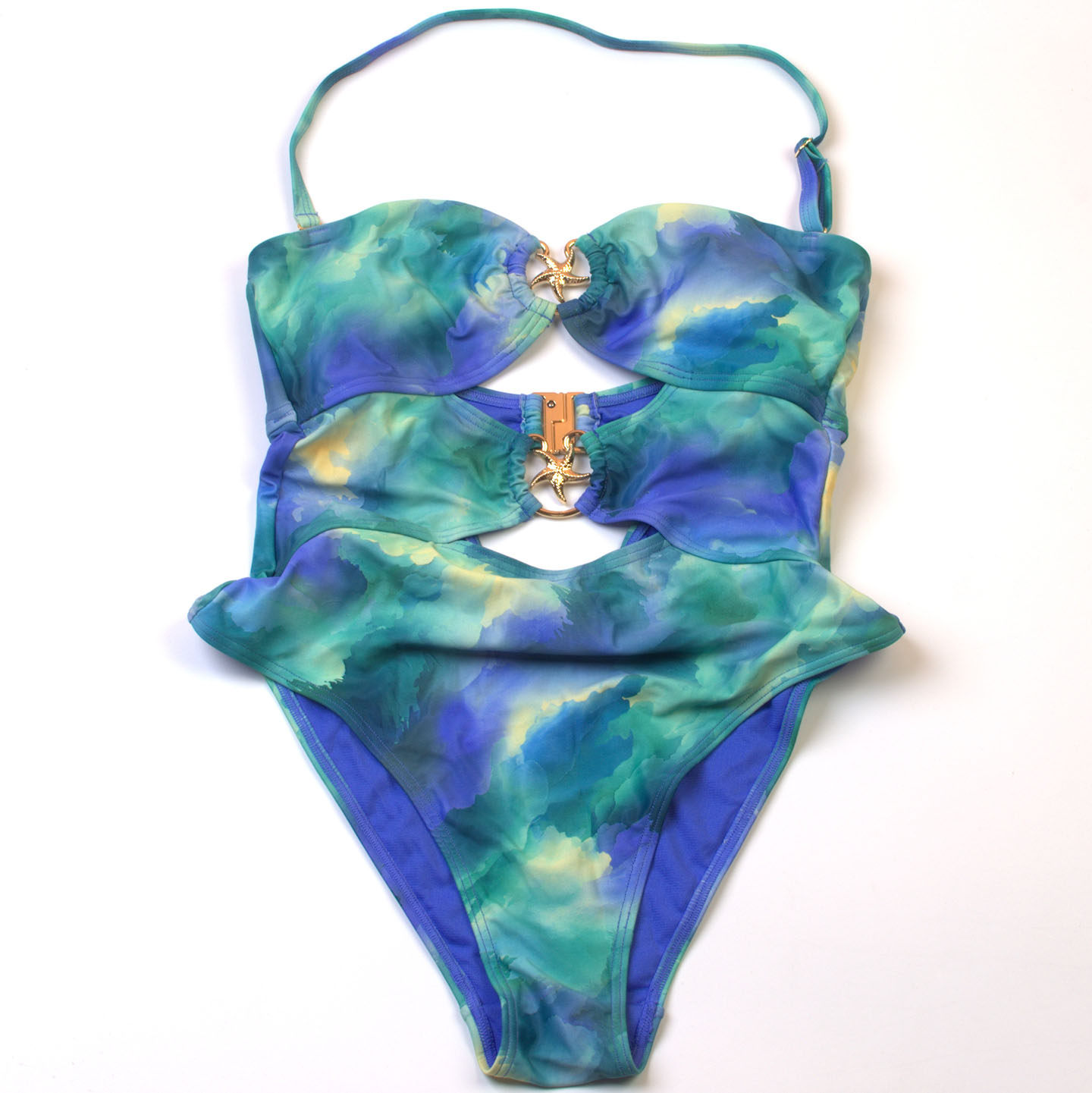 外贸原单品牌度假海边纯色挂脖连体泳衣时尚温泉度假泳装女款