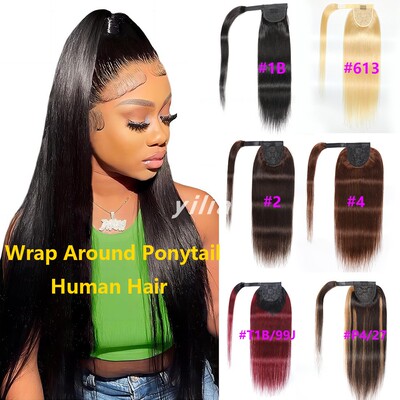 Straight Ponytail Human Hair Wrap Around Magic Paste