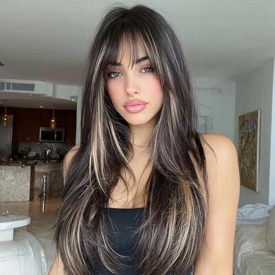 Women Ombre Brown Long Curly Wig With Air Bangs卷发假发