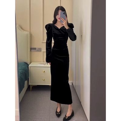 V领长袖金丝绒连衣裙秋