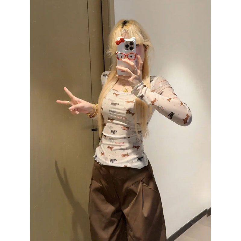 美式复古印花小狗方领长袖t恤女秋季新款修身简单大方高级感上衣