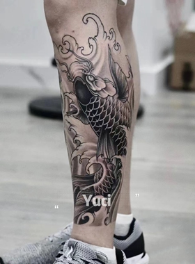 果汁草本半永久男女（两张）花腿锦鲤鱼防水持久老传统仿真纹身贴