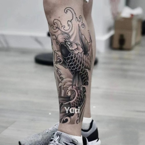 果汁草本半永久男女（两张）花腿锦鲤鱼防水持久老传统仿真纹身贴