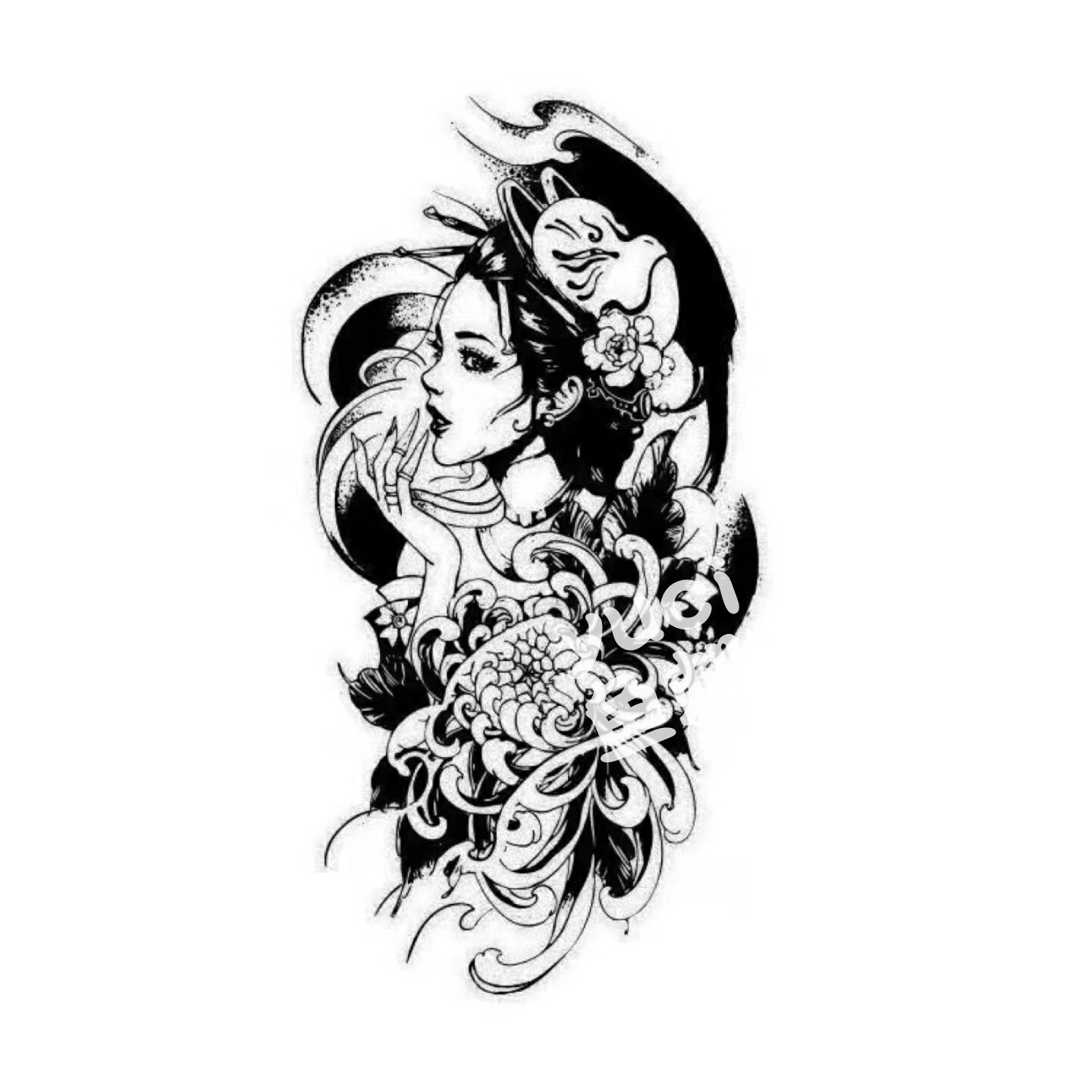 草本果汁不反光(两张)日式老传统艺伎男女仿真防水持久纹身贴