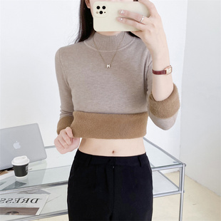秋冬加绒毛衣女加厚一体绒内搭大码半高领套头打底针织衫保暖上衣