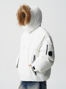 2025年冬季新款大毛领连帽羽绒服外套时尚潮流百搭工装加厚羽绒服