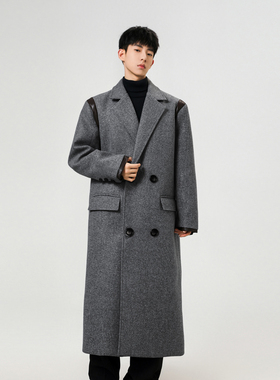 毛呢大衣男秋冬季中长款加厚宽松过膝风衣男韩版呢子外套