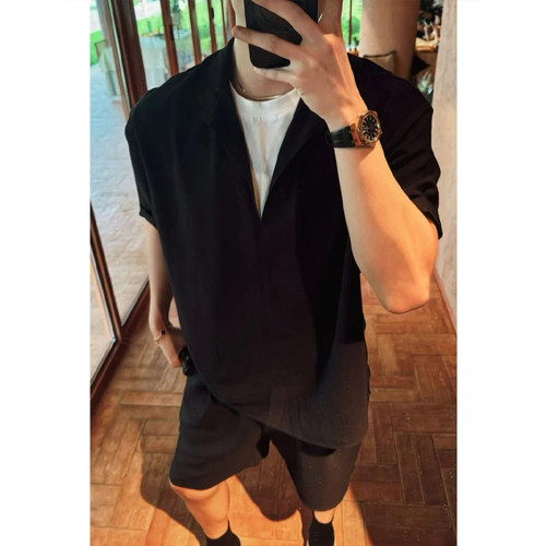 假两件老钱风套装亚麻短袖衬衫