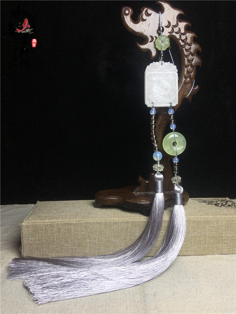 原创手工白玉鲤鱼闹莲玉佩流苏穗子古风汉服古装腰佩腰挂压襟禁步