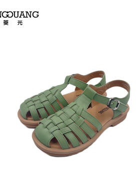 菱光女鞋2023夏季新款复古编织圆头罗马包头平底凉鞋F233HM1005