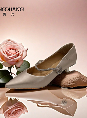 菱光法式气质单鞋黑色女鞋水钻一字带浅口粗跟鞋B43BL218