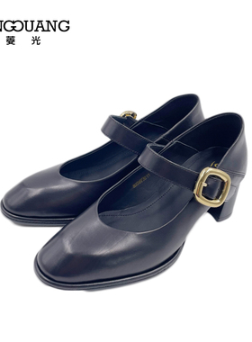 菱光2023新款女单鞋尖头复古低跟全真皮一字扣玛丽珍鞋B238Y3211