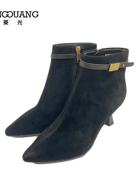 菱光羊琼皮短靴女尖头小细跟复古磨砂气质踝靴新款N35HX716