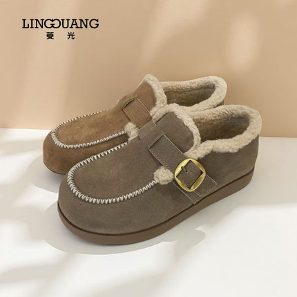 菱光反绒皮勃肯鞋女加绒保暖毛毛鞋休闲百搭金属扣N53DY1652
