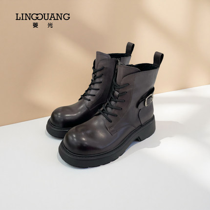 菱光英伦风真皮马丁靴女厚底系带侧拉链短靴机车靴N53ZM681D