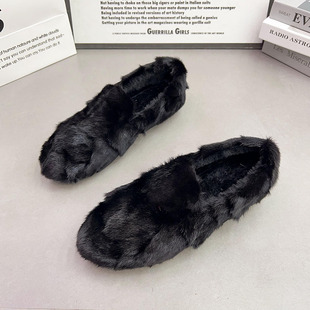 女冬外穿加绒保暖棉瓢鞋 女鞋 貂毛女鞋 大码 厚底一脚蹬豆豆鞋 毛毛鞋