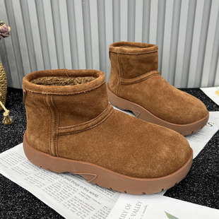 真皮厚底雪地靴女2025冬季 百搭休闲加绒保暖雪地棉勃肯棉短靴 新款