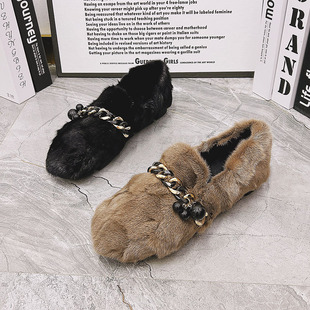 女外穿秋冬百搭厚底一脚蹬貂毛女鞋 鞋 加绒棉瓢鞋 大码 豆豆鞋 毛毛鞋